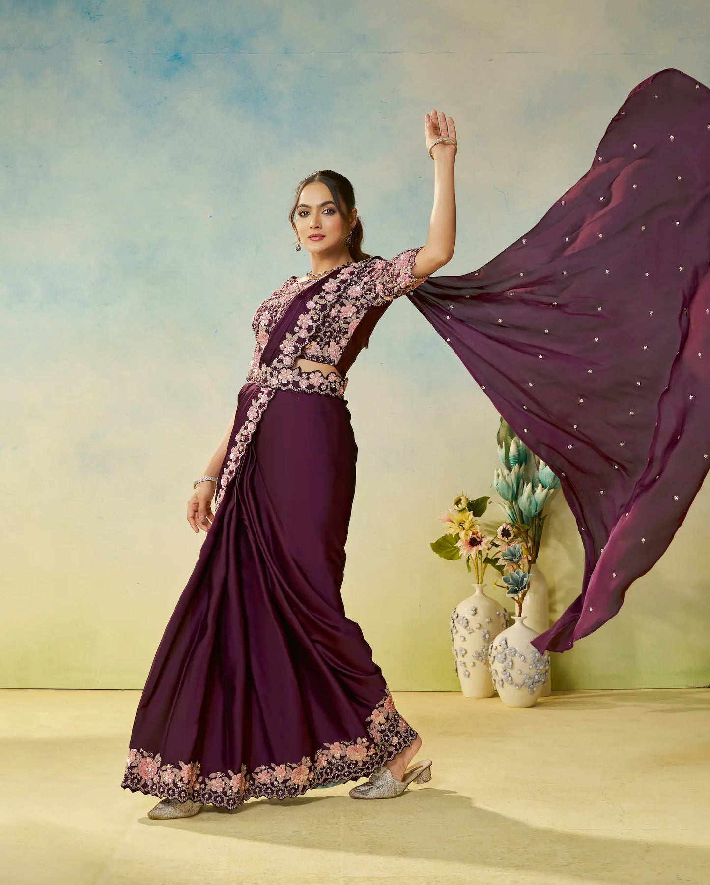Berry Wine Embroidery & Hand Work One Minute Saree