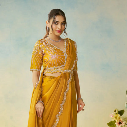 Burnt Yellow Embroidery & Hand Work One Minute Saree