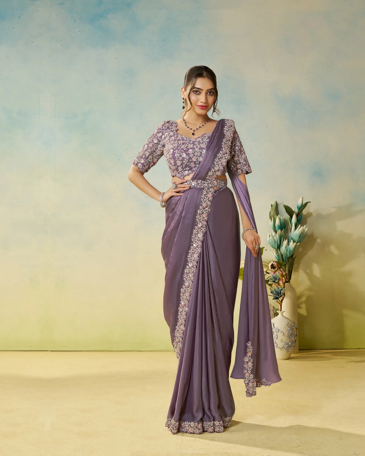 Dark Mauve Embroidery & Hand Work One Minute Saree