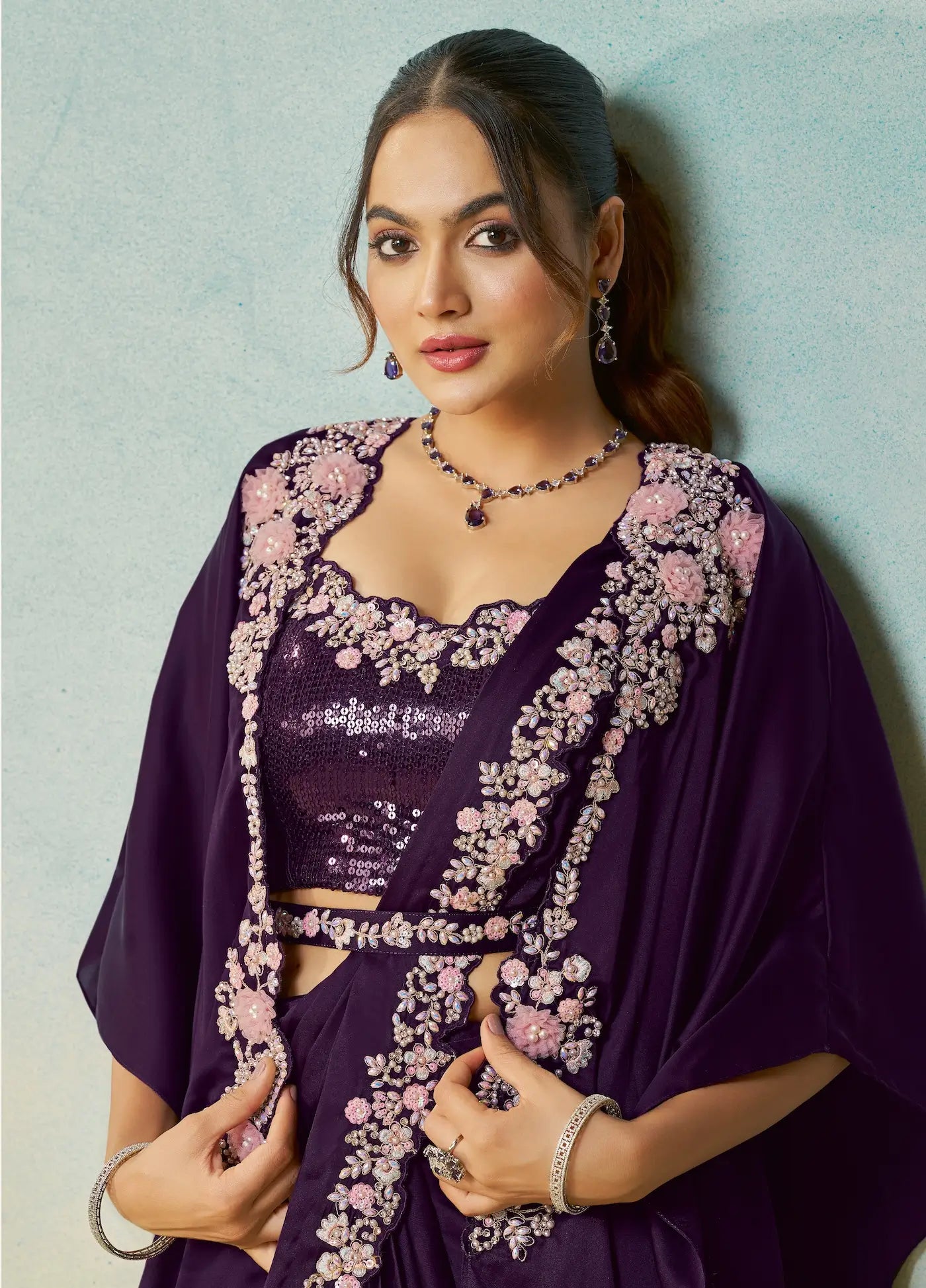 Midnight Purple Embroidery & Hand Work One Minute Saree