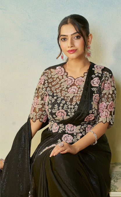 Hot Black Embroidery & Hand Work One Minute Saree