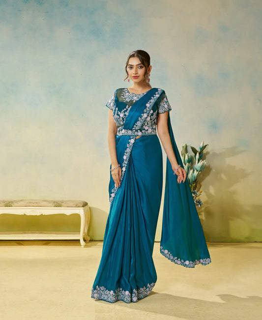 Venice Blue Embroidery & Hand Work One Minute Saree