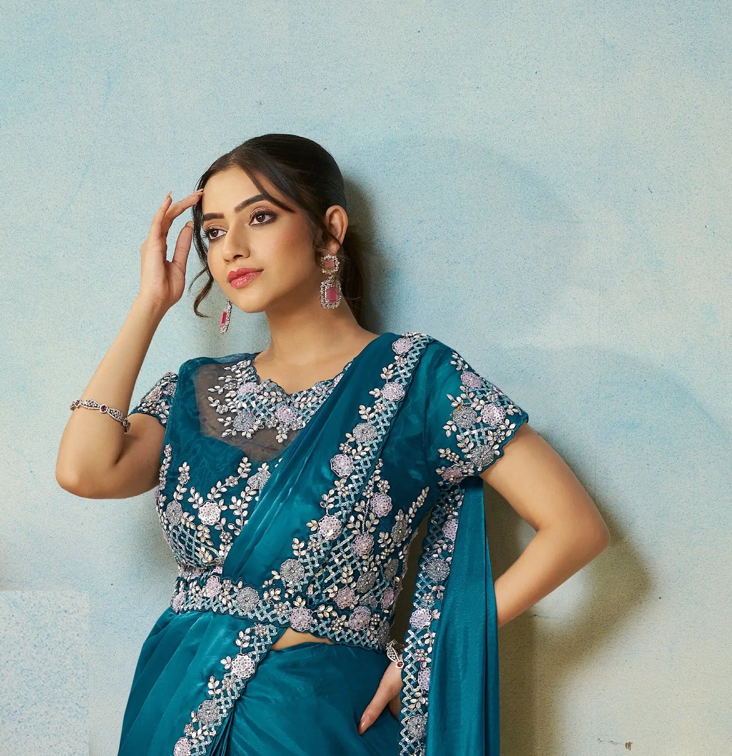 Venice Blue Embroidery & Hand Work One Minute Saree
