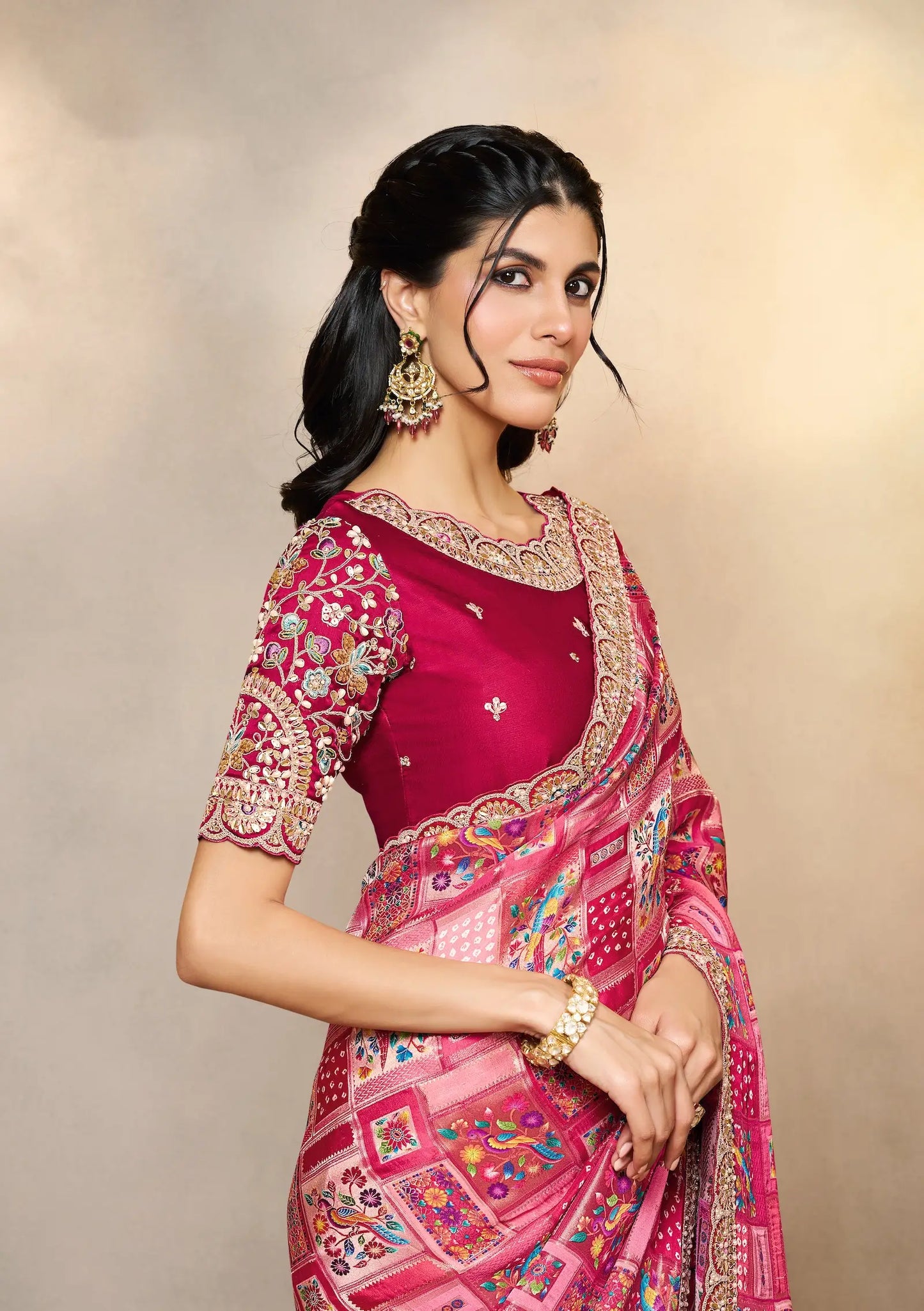 Rosy Pink Jacquard Silk Saree With Embroidery & Hand Work