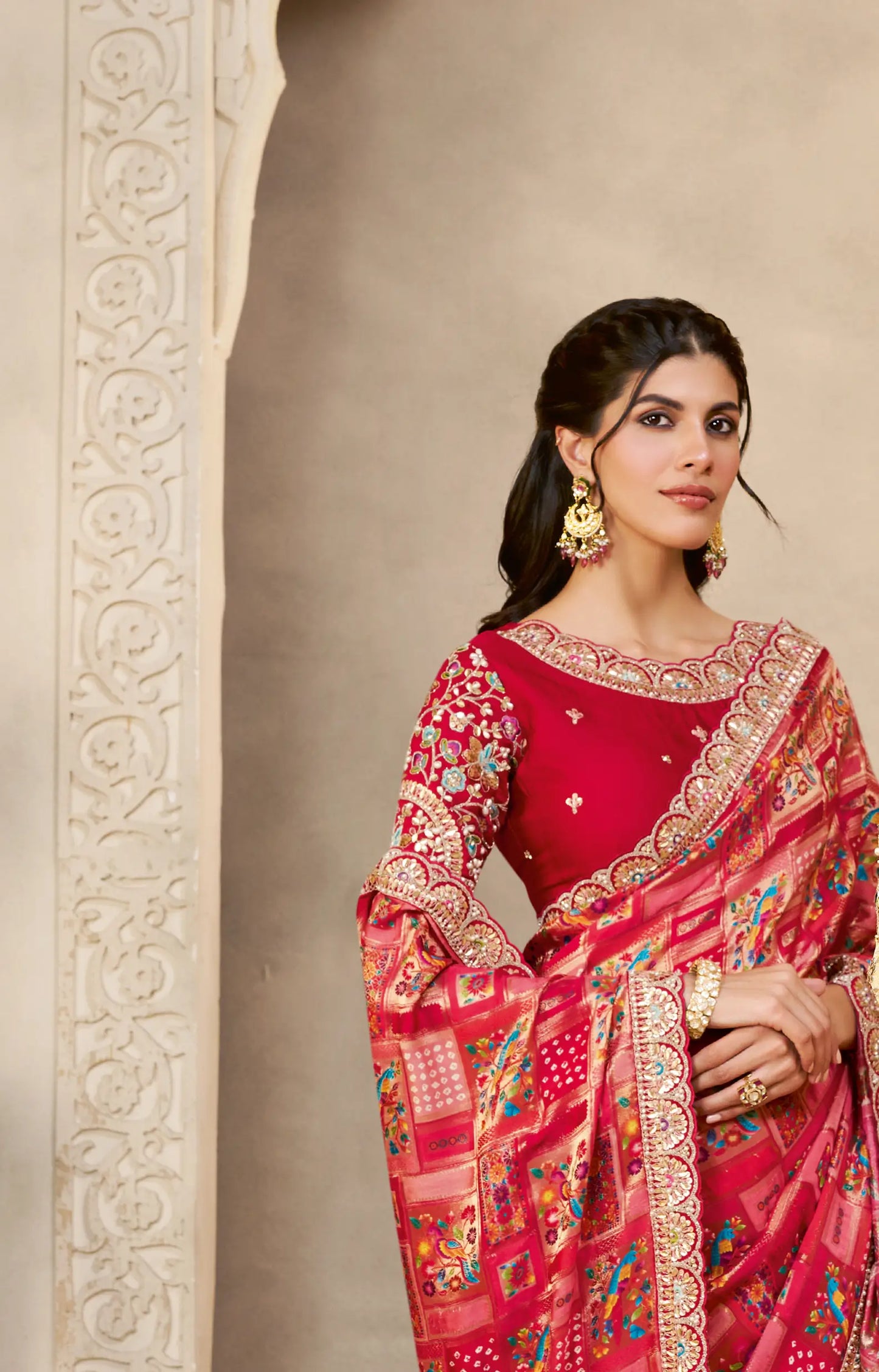 Rosy Pink Jacquard Silk Saree With Embroidery & Hand Work