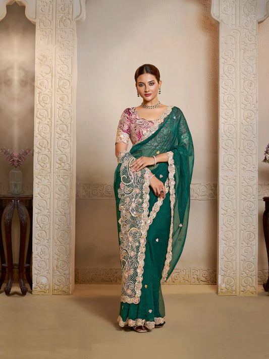 Teal Green Organza Satin Saree With Embroidery & Hand Work
