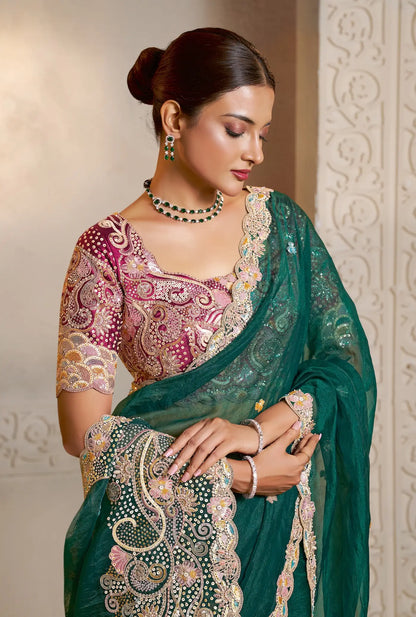 Teal Green Organza Satin Saree With Embroidery & Hand Work