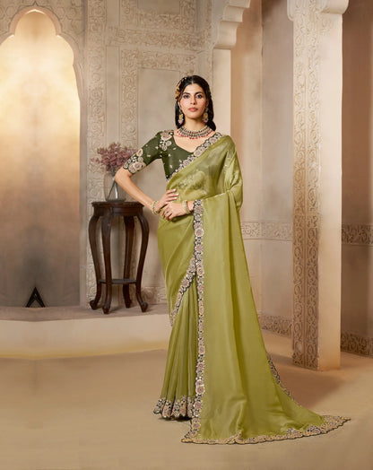 Mustard Olive Organza Satin Saree With Embroidery & Hand Work