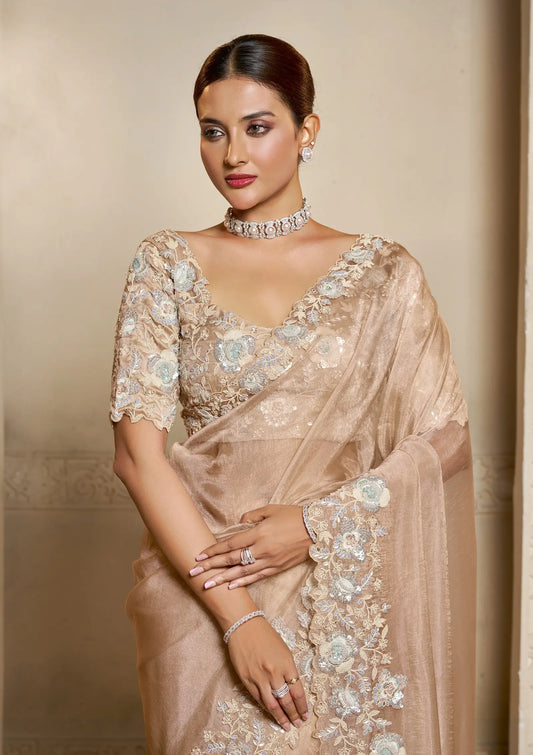 Almond Beige Organza Silk Saree With Embroidery & Hand Work