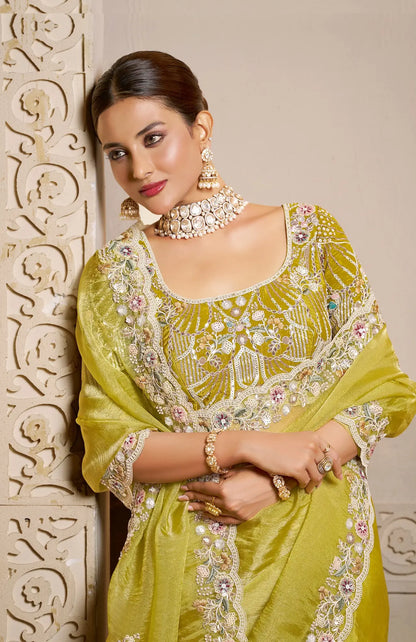 Classic Yellow Organza Satin Saree With Embroidery & Hand Work