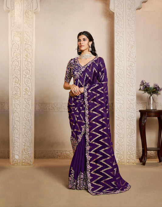 Deep Purple Jacquard Silk Saree With Embroidery & Hand Work