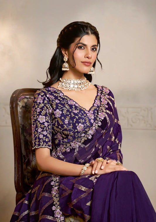 Deep Purple Jacquard Silk Saree With Embroidery & Hand Work
