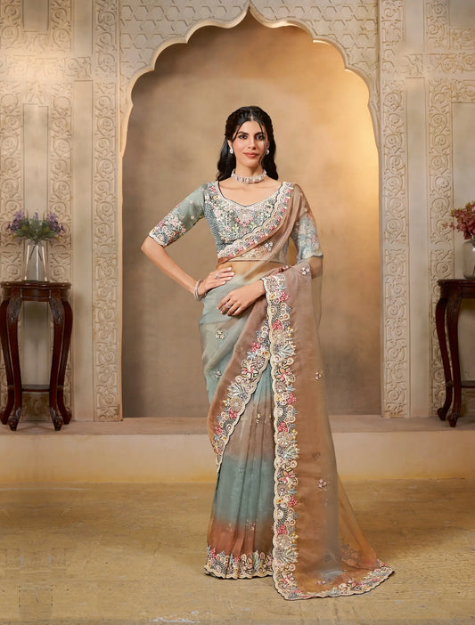 Peach-Grey Organza Satin Saree With Embroidery & Hand Work