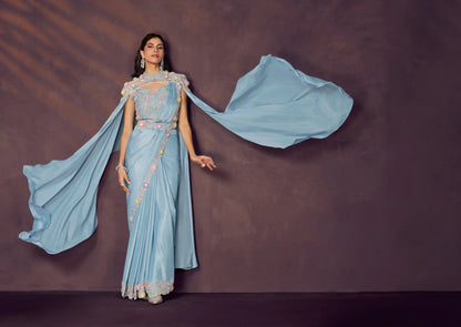 Cloudy Blue One Minute Saree With Embroidery & Hand Work
