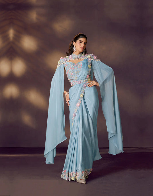 Cloudy Blue One Minute Saree With Embroidery & Hand Work