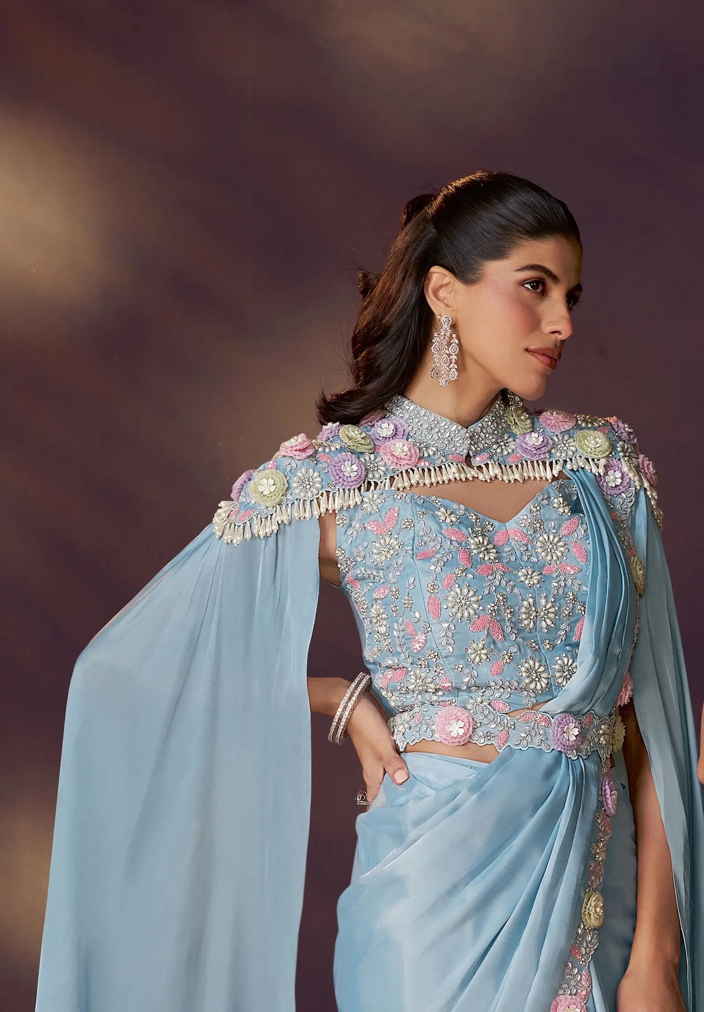 Cloudy Blue One Minute Saree With Embroidery & Hand Work