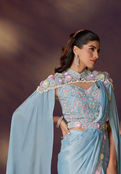 Cloudy Blue One Minute Saree With Embroidery & Hand Work