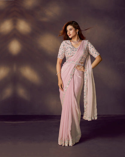 Blush Pink One Minute Saree With Embroidery & Hand Work