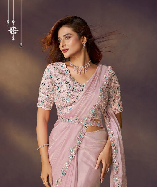 Blush Pink One Minute Saree With Embroidery & Hand Work