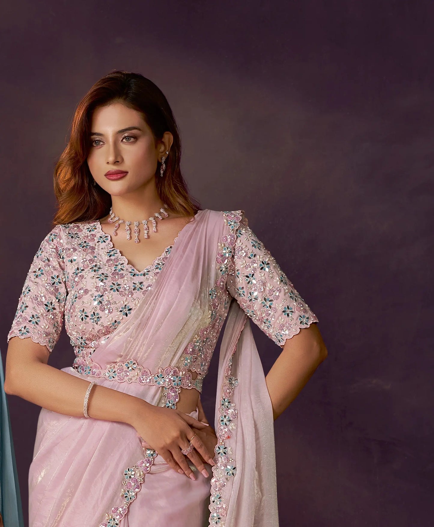 Blush Pink One Minute Saree With Embroidery & Hand Work