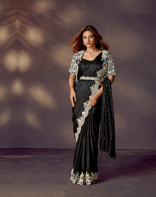 Rich Black One Minute Saree With Embroidery & Hand Work