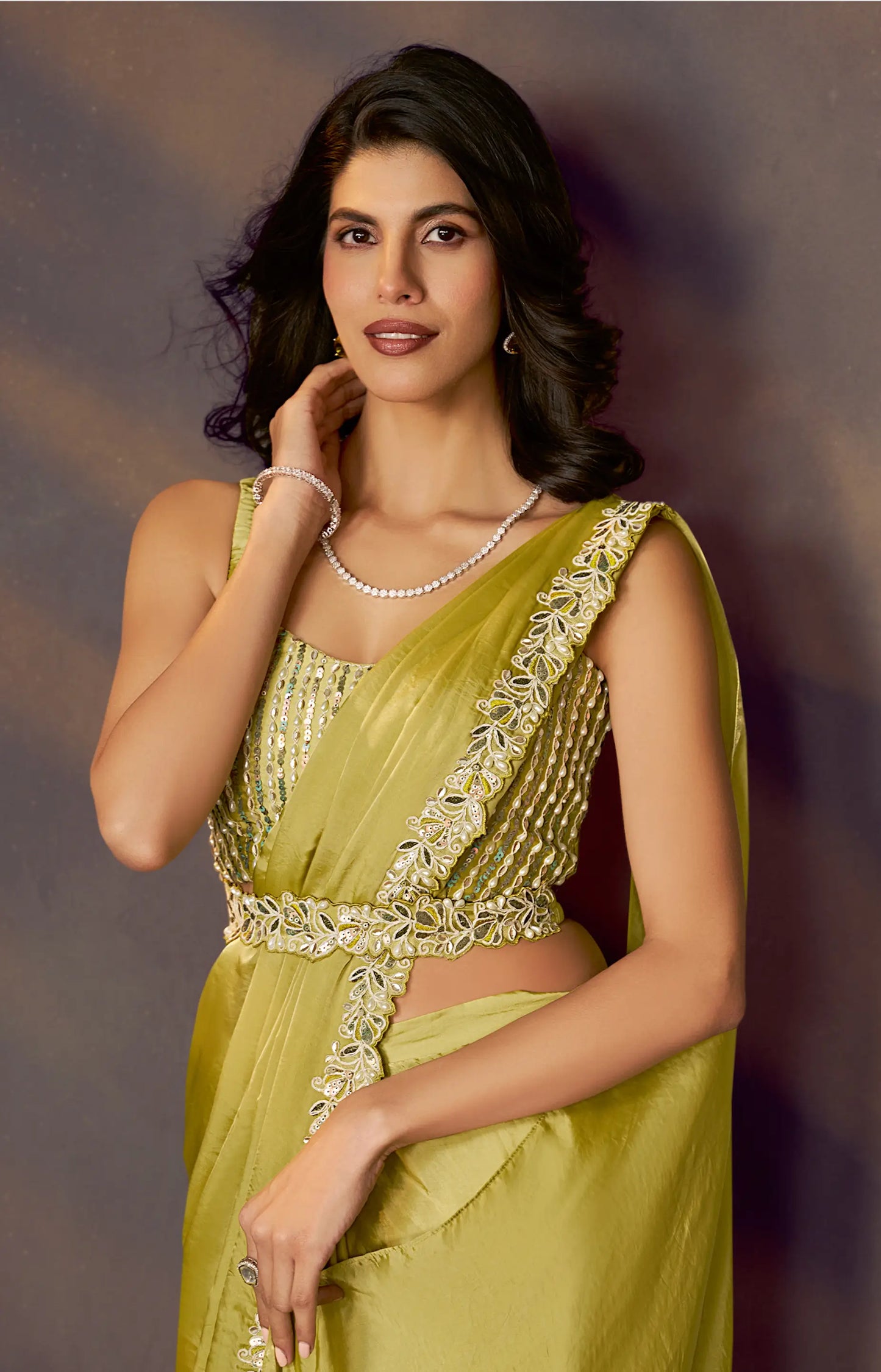 Lime Yellow One Minute Saree With Embroidery & Hand Work