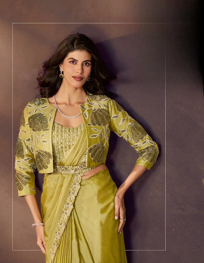 Lime Yellow One Minute Saree With Embroidery & Hand Work