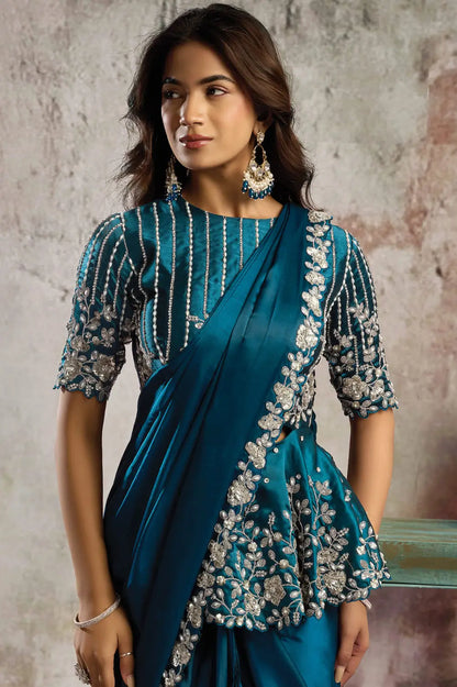 Deep Teal Ready To Wear Saree