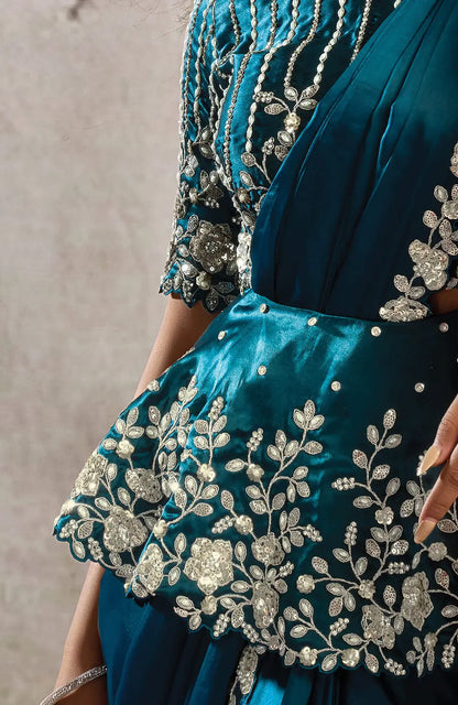 Deep Teal Ready To Wear Saree