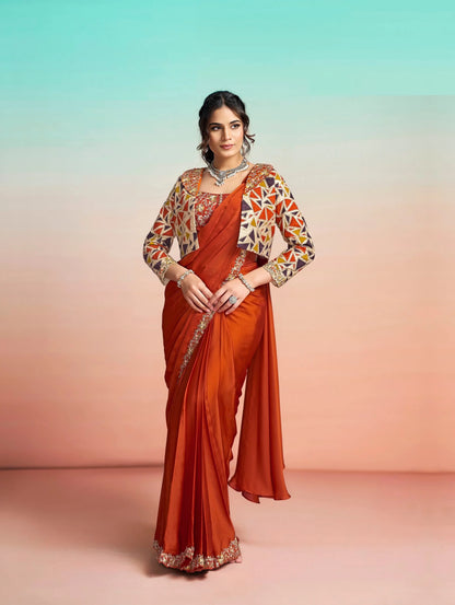 Rich Orange Ready To Wear Saree