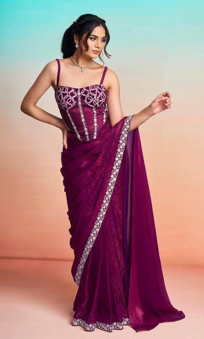Wine Red Ready To Wear Saree