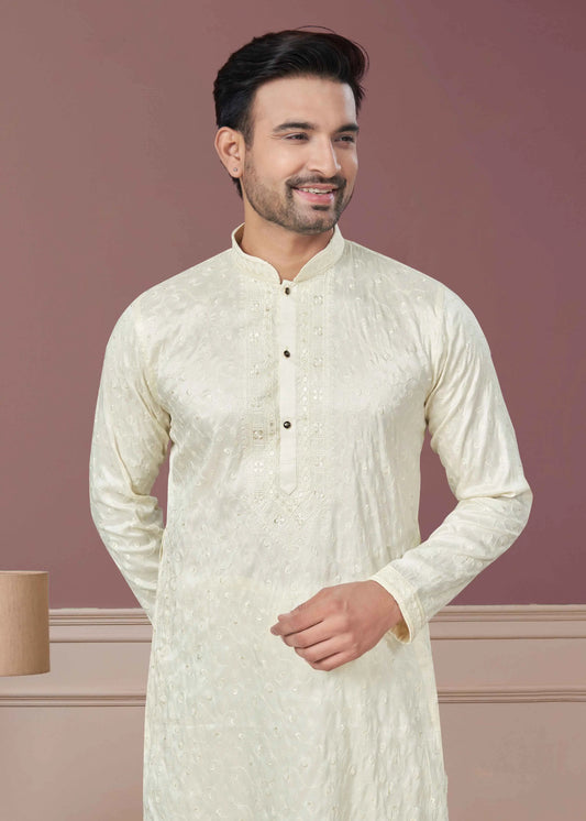 Ivory Sequins Embroidery Kurta Pajama Set