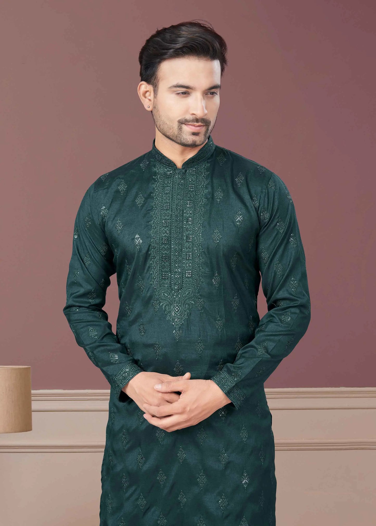 Dark Green Embroidery Kurta Pajama Set