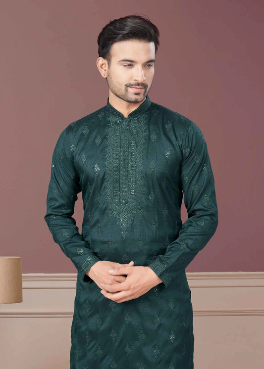 Dark Green Embroidery Kurta Pajama Set