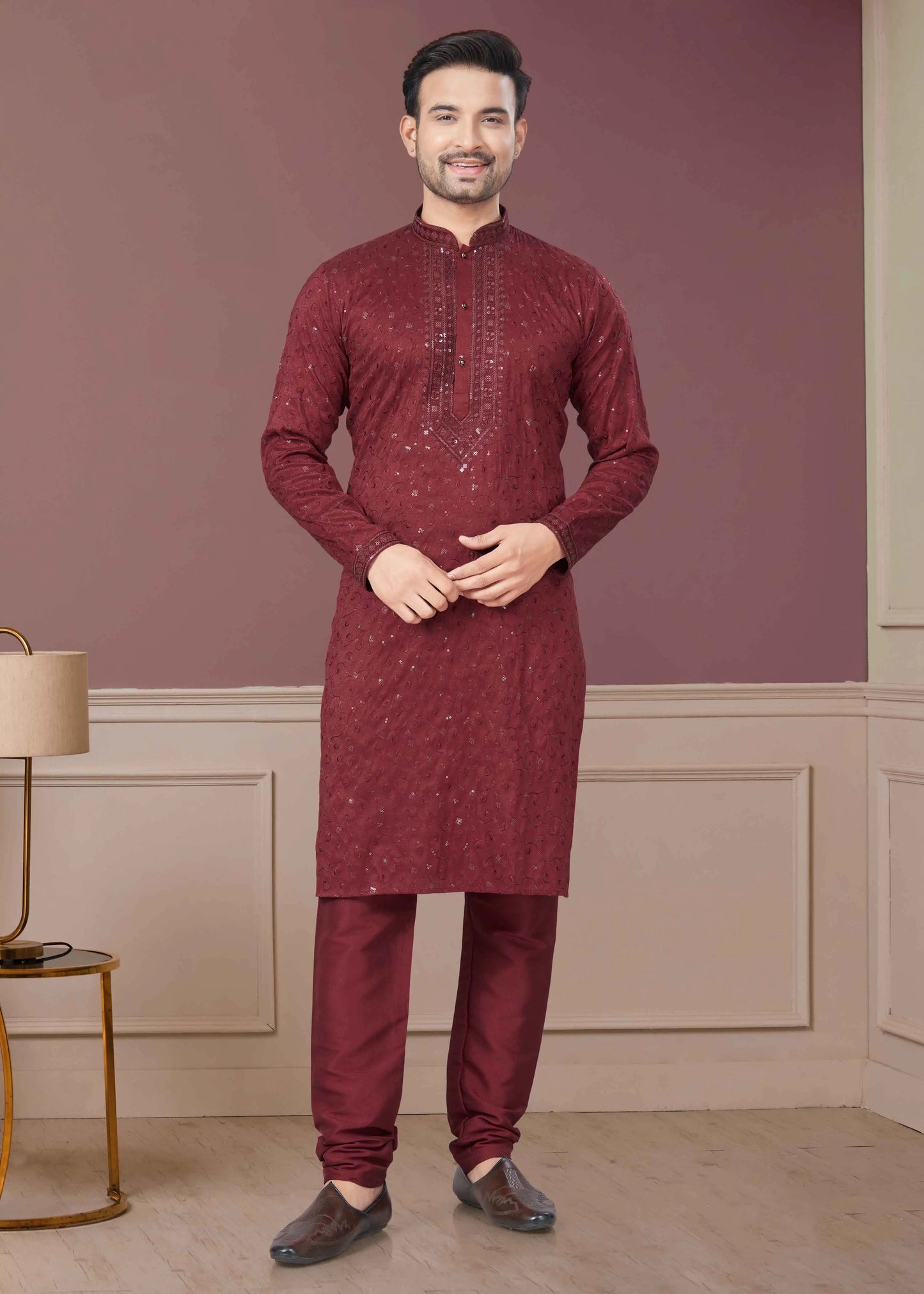 Maroon Sequins Embroidery Kurta Pajama Set