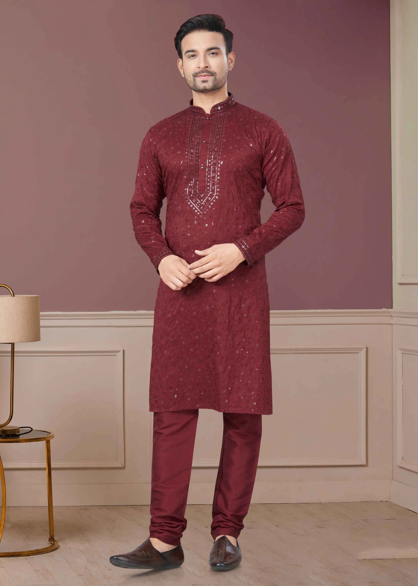 Maroon Sequins Embroidery Kurta Pajama Set