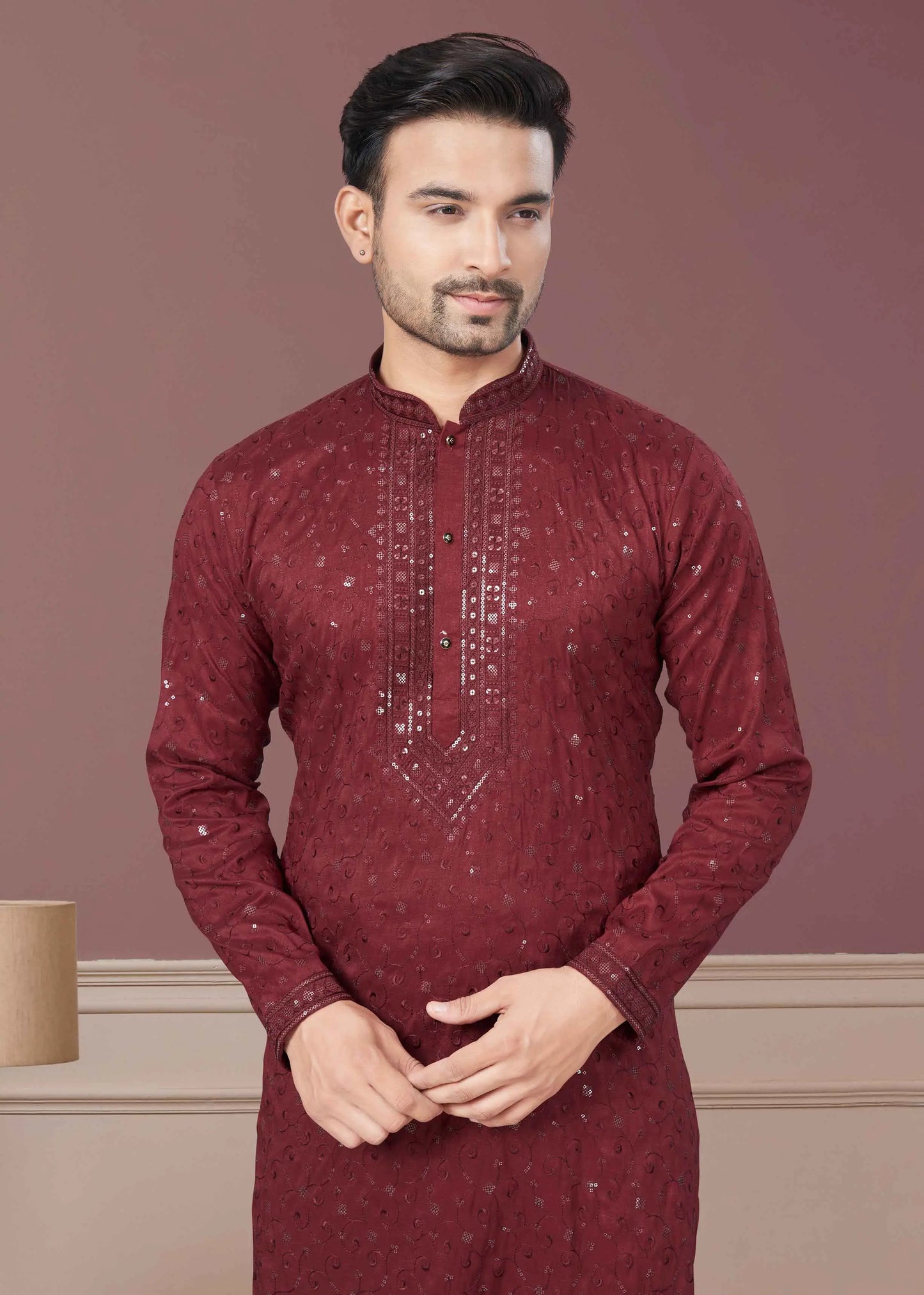 Maroon Sequins Embroidery Kurta Pajama Set