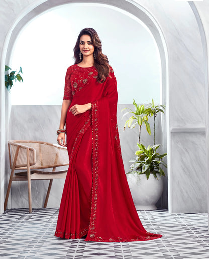 Red Velvet Chiffon Silk Saree