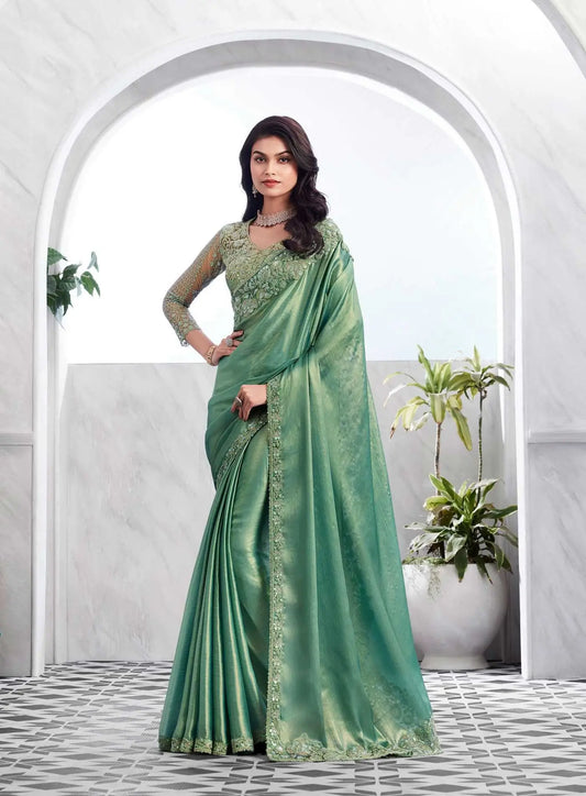 Pista Green Gold Shimmer Silk Saree With Unstitched Blouse