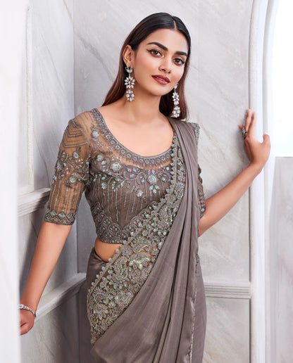 Gray Rainbow Silk Saree Embroidery Work Blouse