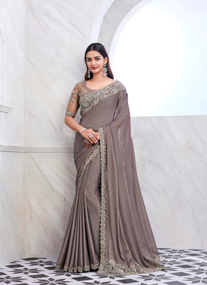 Gray Rainbow Silk Saree Embroidery Work Blouse