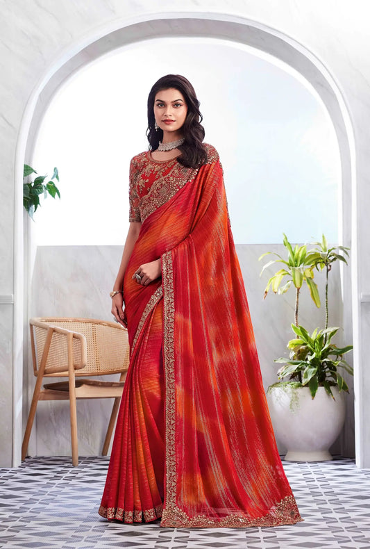 Cherry Red Golden Shimmer Silk Saree