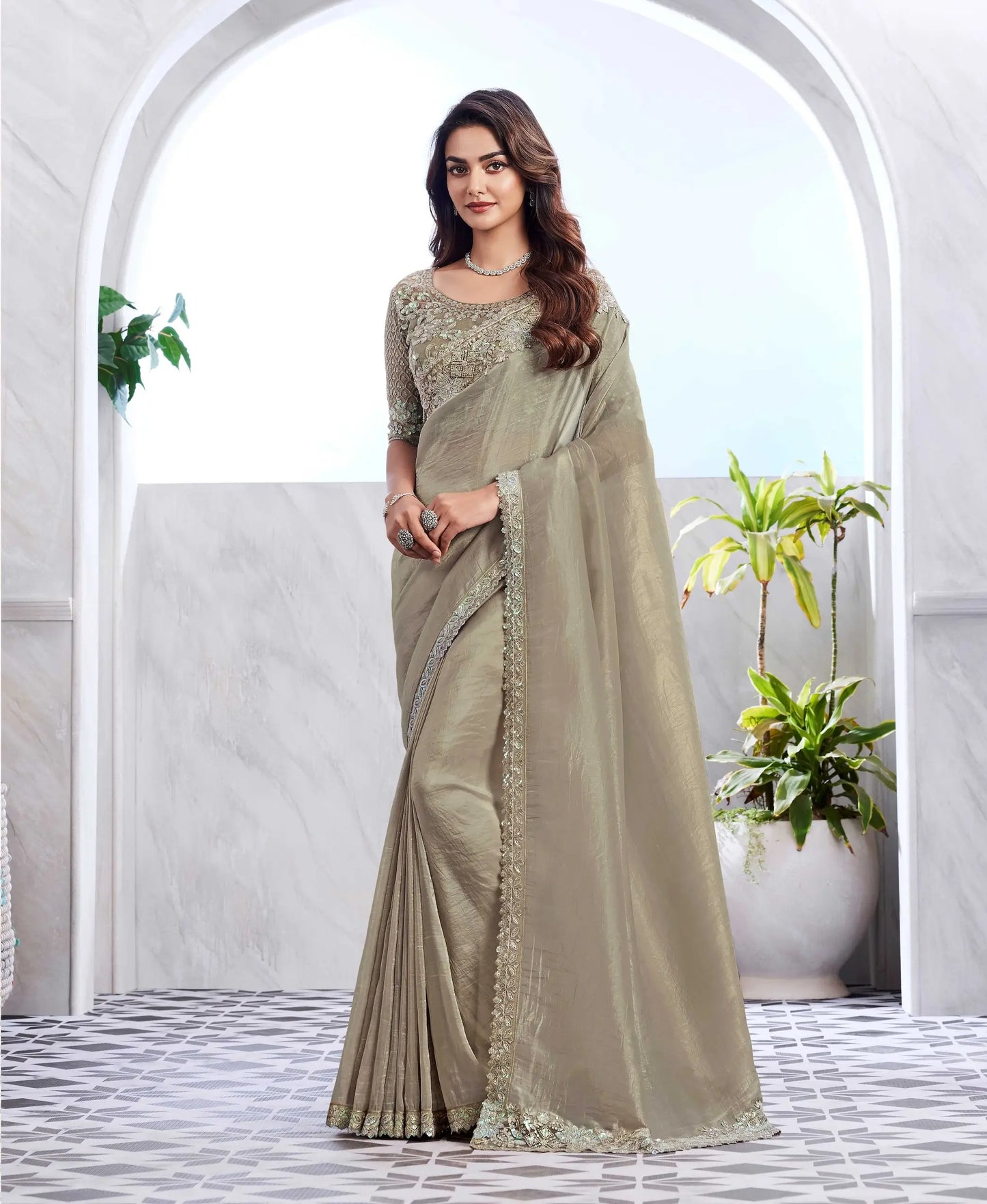 Dusty Gray Golden Shimmer Silk Saree