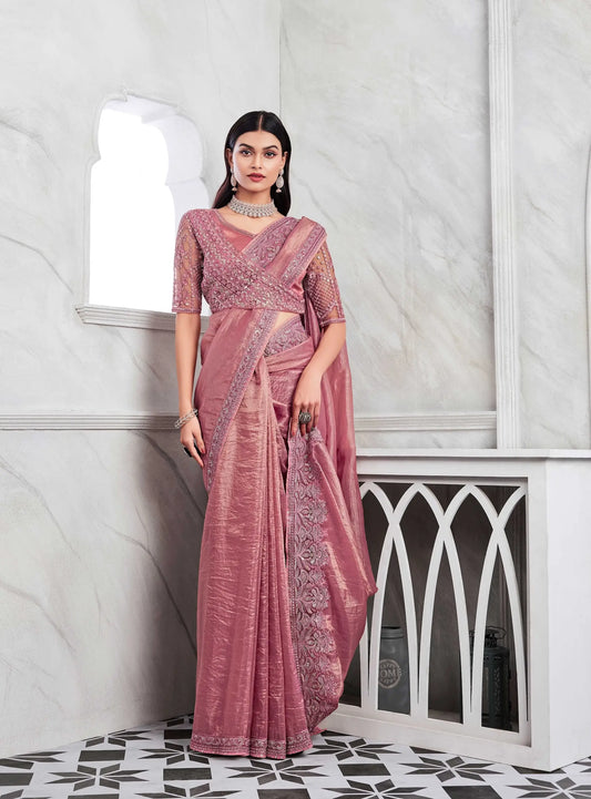 Pink Sim-Sim Silk Saree With Embroidery Work Blouse