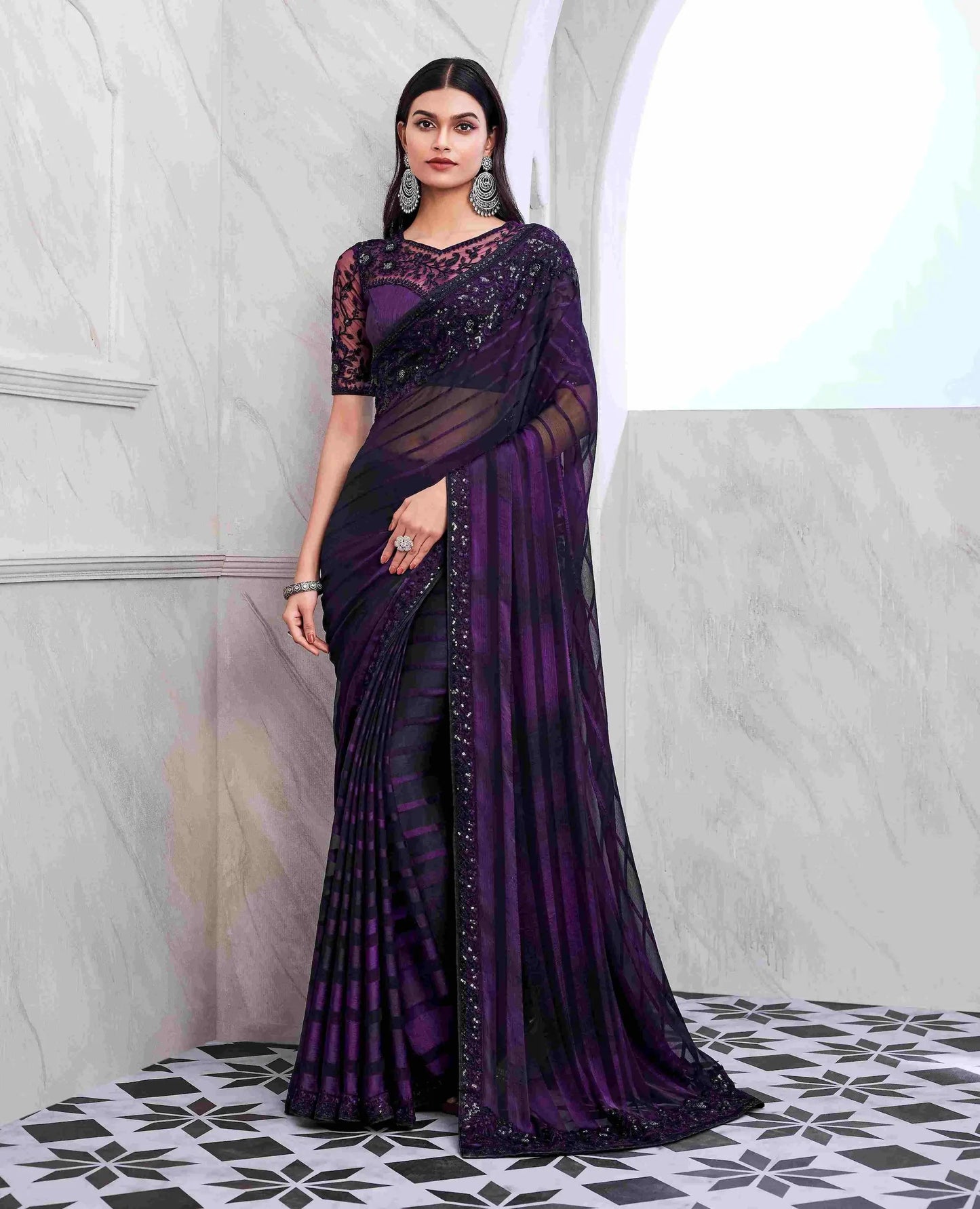 Wine Pattern Silk Saree With Embroidery Blouse