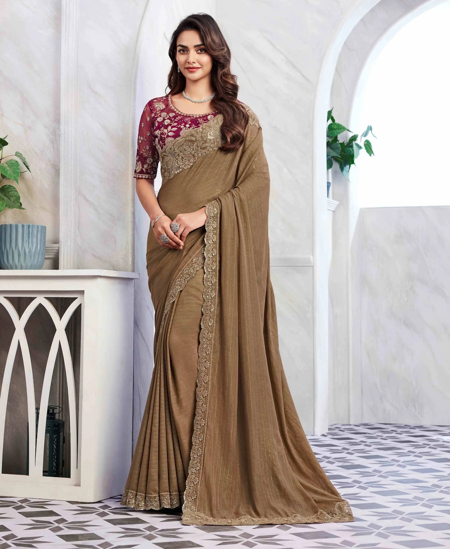 Cream And Red Golden Shimmer Silk Saree