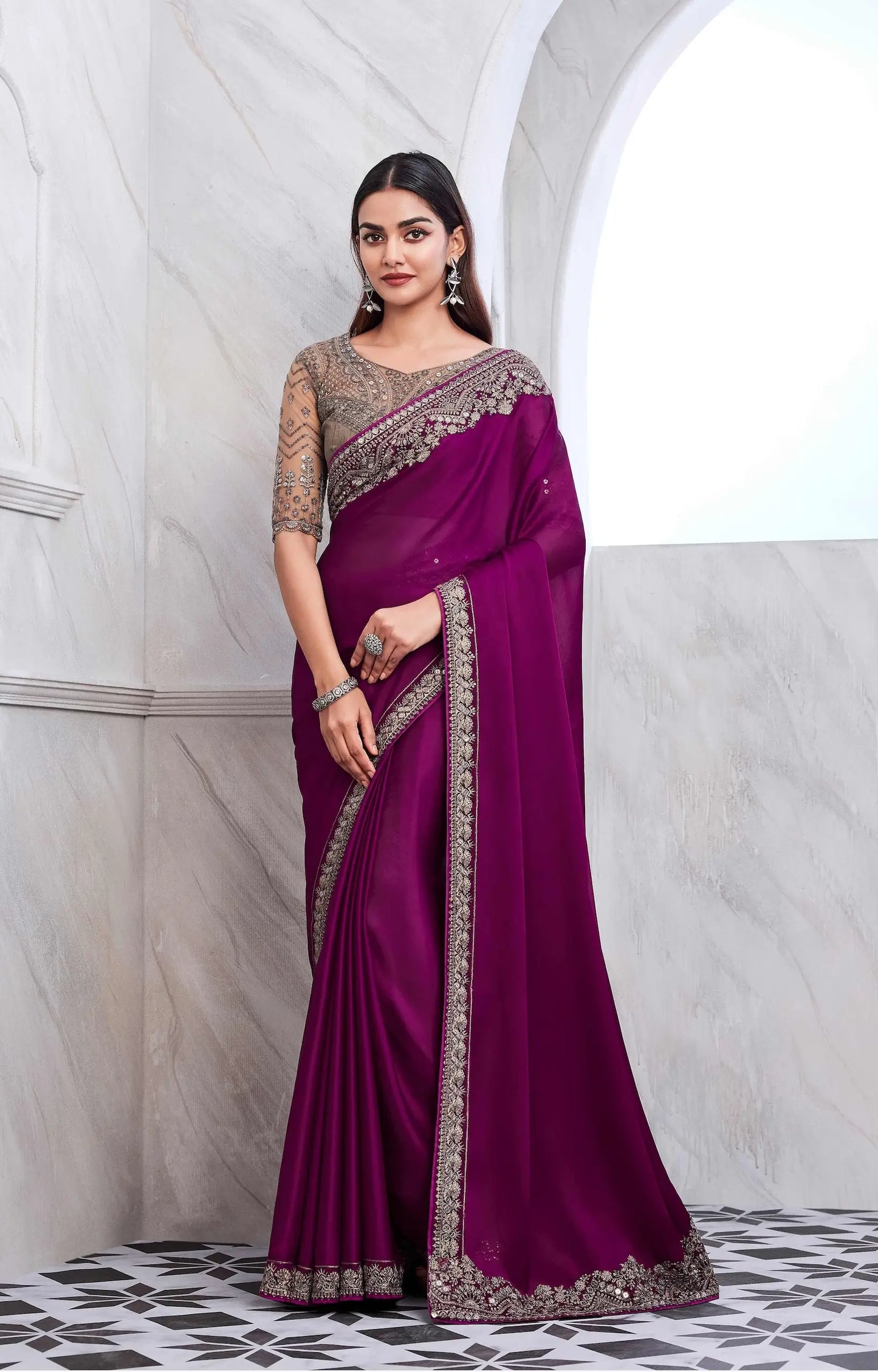 Wine Chiffon Silk Saree