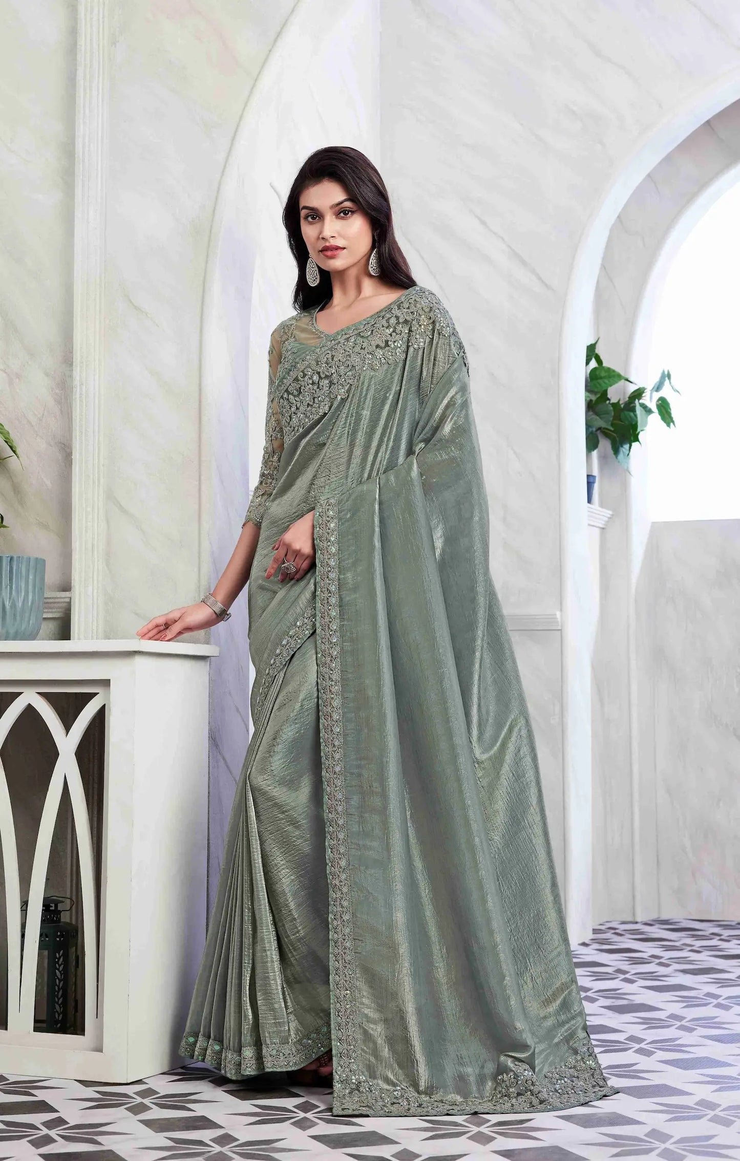 Dusty Green Sim-Sim Silk Saree