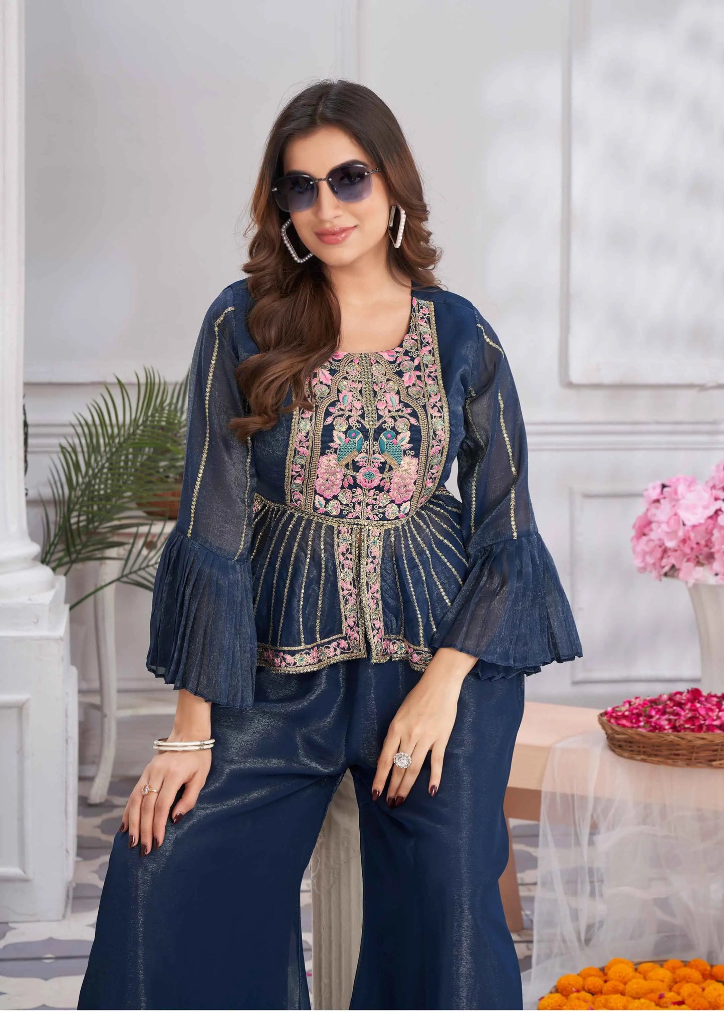 Blue Designer Embroidery Hand Work  Fancy Top & Sharara