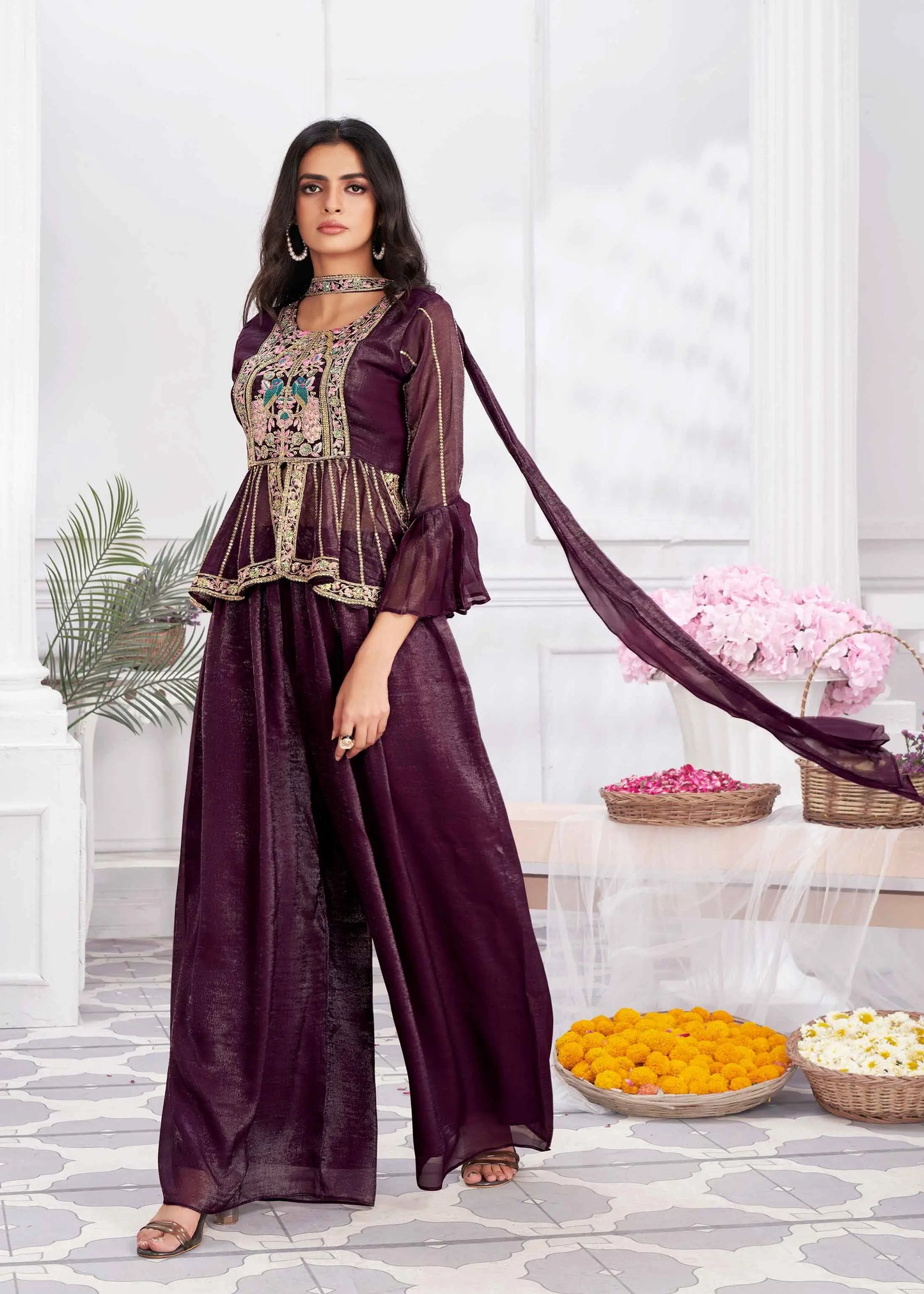 Wine Designer Embroidery Hand Work  Fancy Top & Sharara